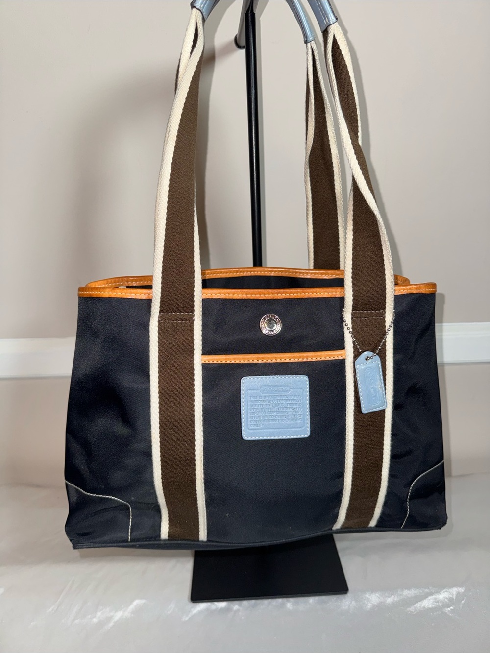 Coach Navy Canvas Tote Bag with Brown Straps